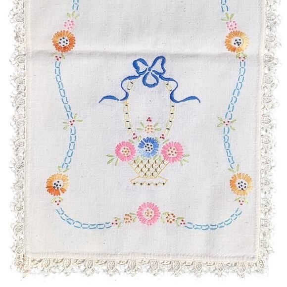 Vintage 40" x 12" Hand-Stitched Tablecloth Runner Flower Basket w/Crochet Trim - Picture 2 of 7